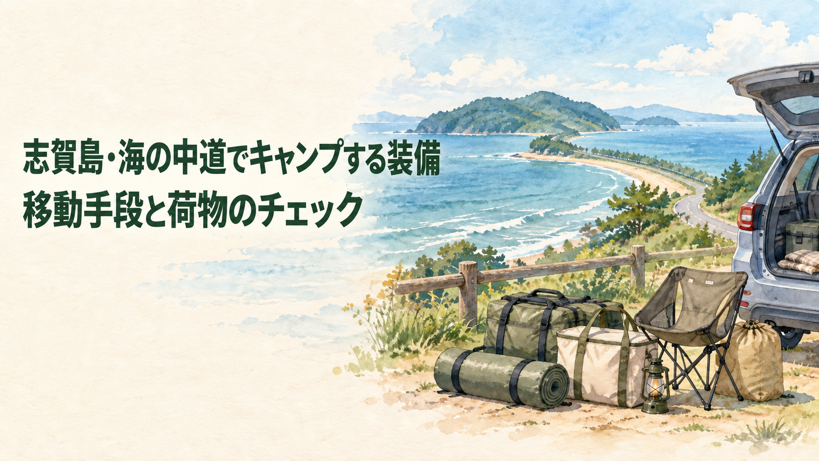 志賀島と海の中道を望む海辺の道と携行用キャンプ用品